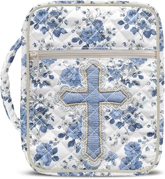 Bible Cover for Women Blue Floral Embroidered Cross,Quilted Large Bible Bag with Zipper Pocket,Tote Bible Cover Case Bible Study Organizer for Strength & Gentleness Christian Gift