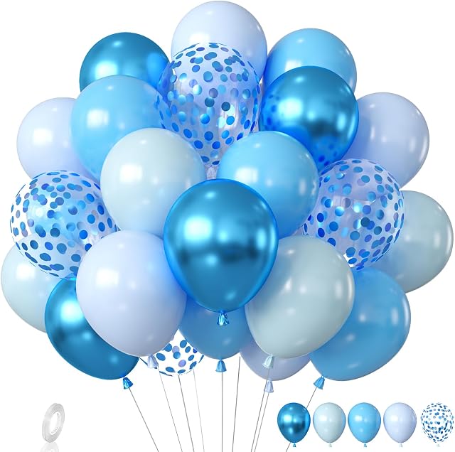 Blue Balloons, 60Pcs Blue Birthday Balloons, Metallic Blue Latex Balloons and Blue Confetti Balloons, Blue Balloons For Boys and Girls Birthday Party,Wedding, Baby Shower Party Decorations