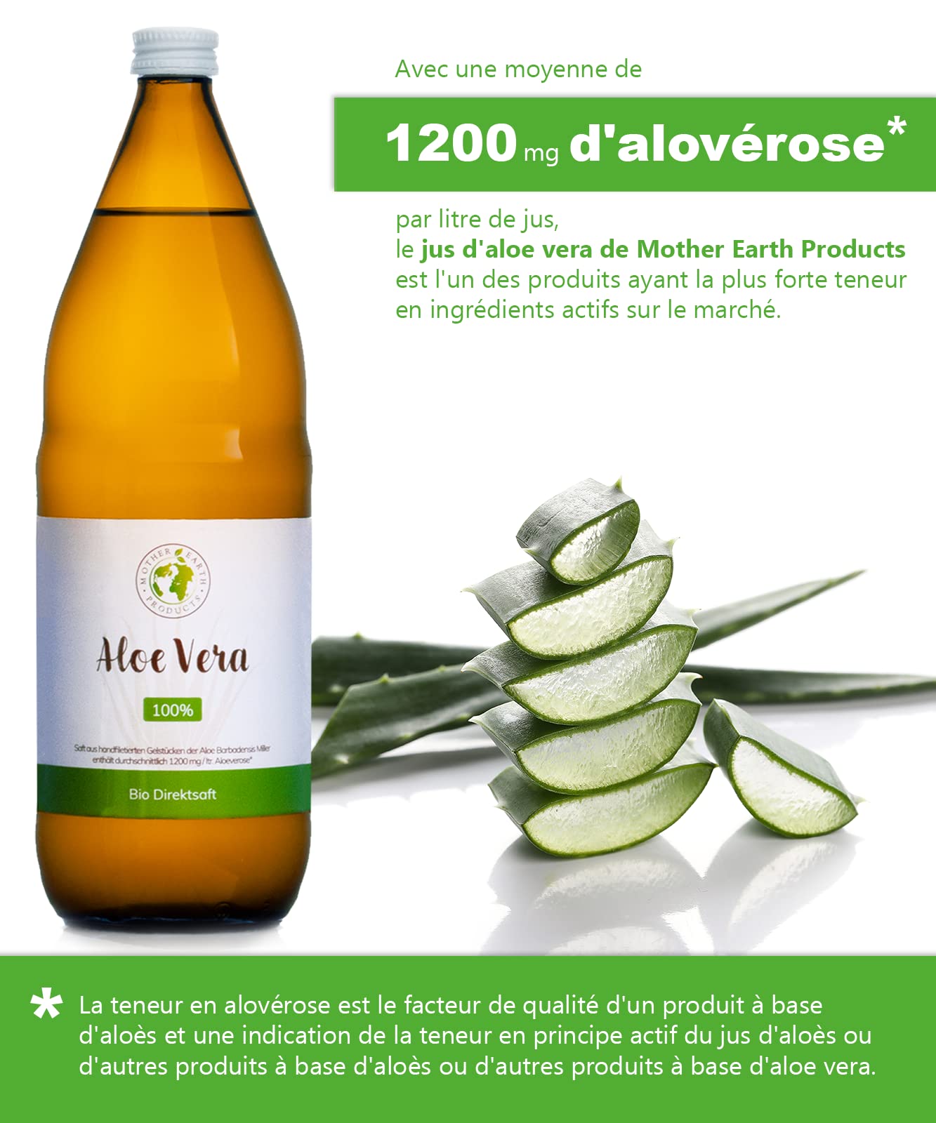Mother Earth Products Jus d’Aloe Vera 100% BIO | pelé à la main, de l’intérieur de la feuille| Riche en ingrédients naturels | Moyenne 1200mg/l Aloverose | Bouteilles en verre |2 x 1000ml