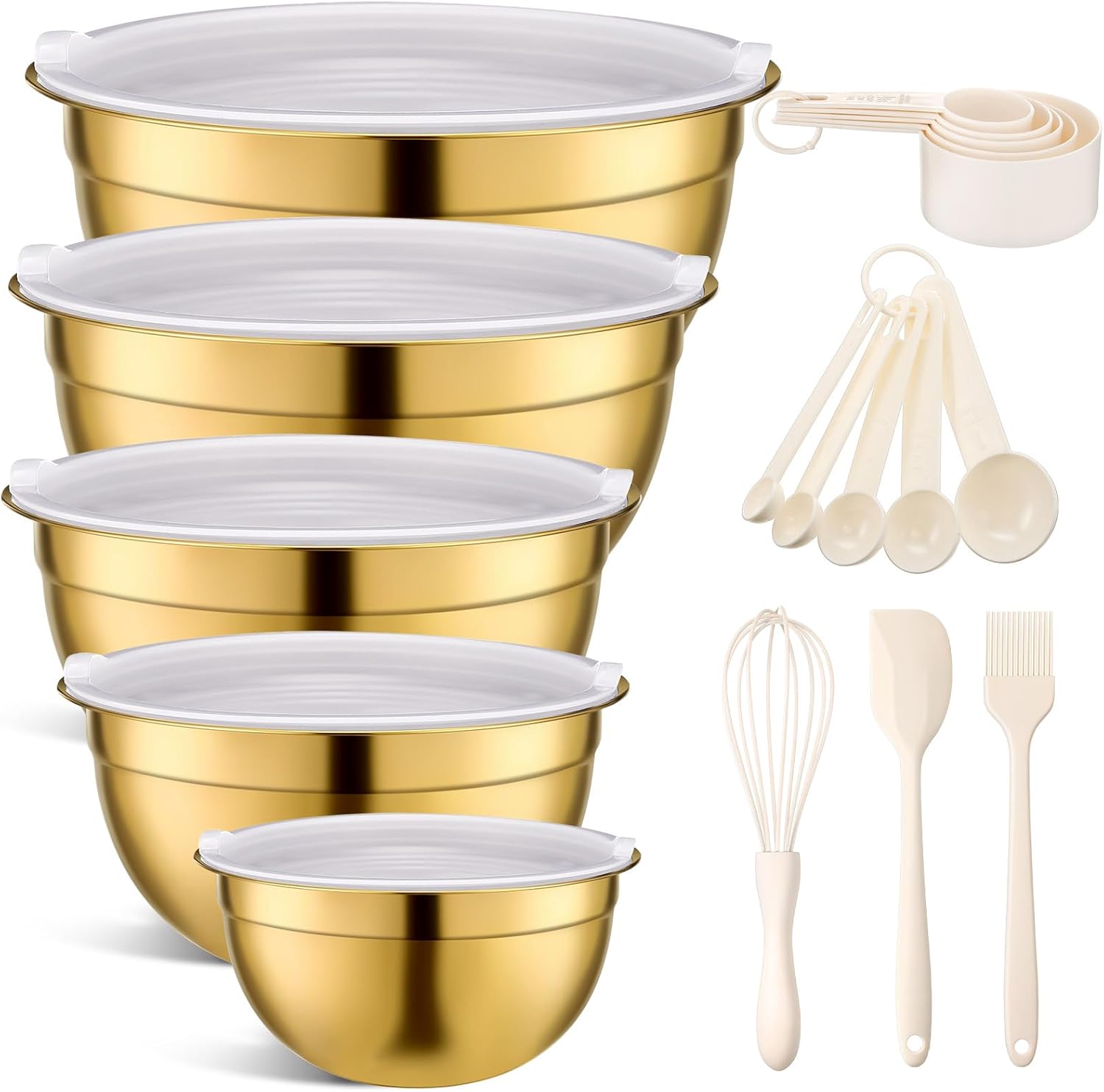 Shellwei Gold Mixing Bowls with Airtight Lids 24 Pcs Stainless Steel Mixing Bowls Set Size 1, 1.5, 2, 3.6, 7QT, Measuring Cups Spoons Baking Utensils Bowl for Kitchen Baking Serving Food
