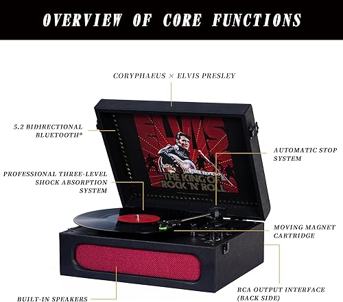 Miniatura 5 de Arkrocket x Elvis Reproductor de Discos Bluetooth Portátil de 3 Velocidades con Entrada y Salida Bluetooth, Tocadiscos con Bocinas Integradas,