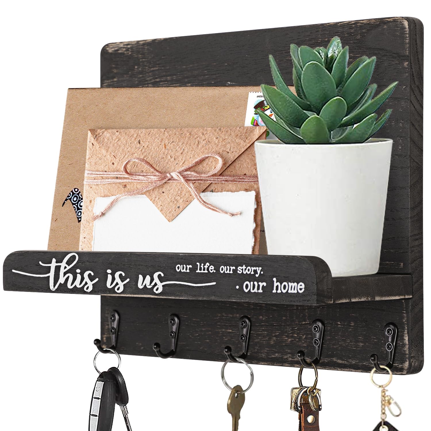 AOAOPQ Wood Key Holder for Wall with Shelf Farmhouse Key and Mail Holder for Wall Decorative Key Hooks for Entryway Bedroom Bathroom Key Hanger Black