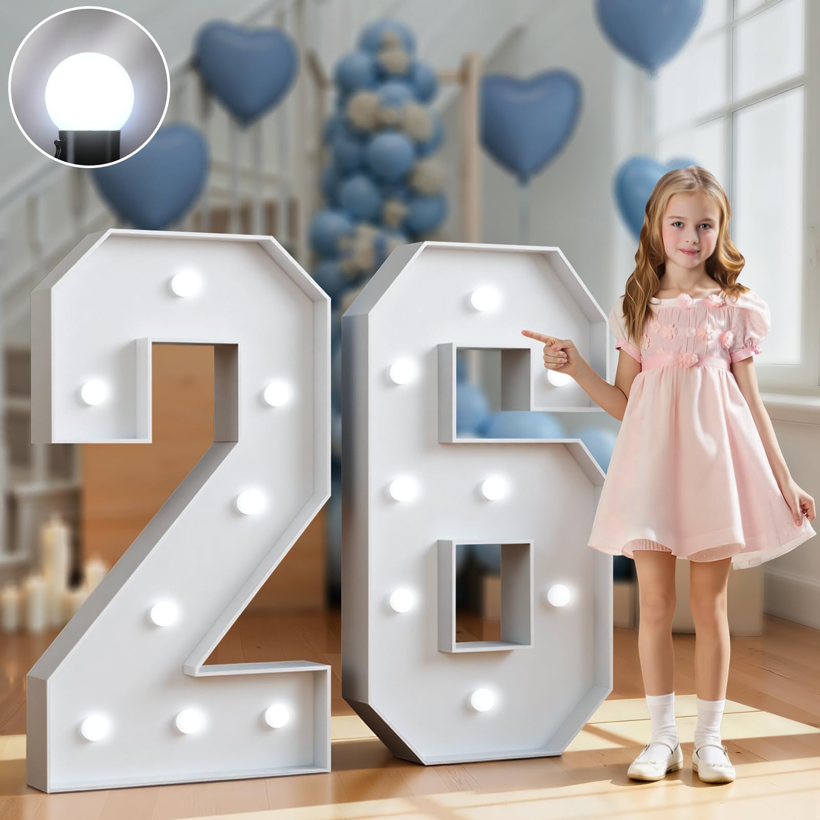 Marquee Numbers 3 Feet Tall Big Light Up Numbers 26th Birthday Decorations Women Men Graduation Decorations 2026 White Anniversary Party Decor Large Cardboard Prop Backdrop Sign 26 — image 1