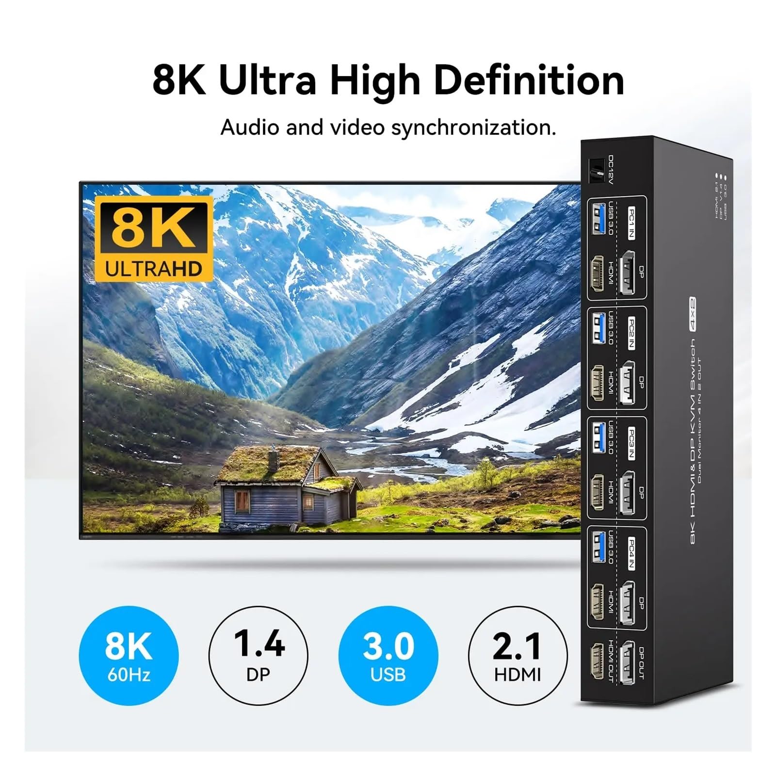 Commutateur KVM DisplayPort 4 Ordinateurs 2 moniteurs 8K à 60 Hz Commutateurs KVM Double Moniteur