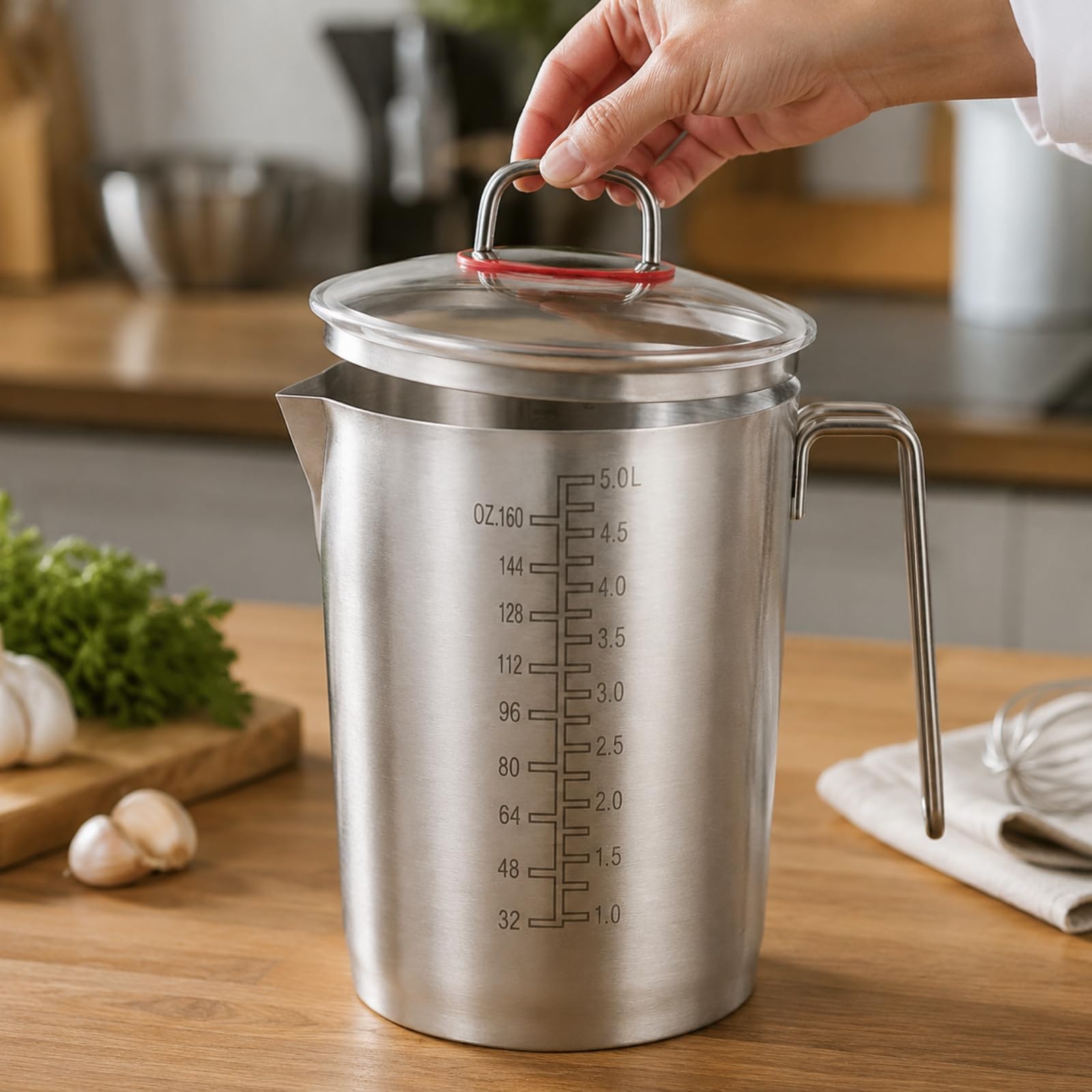 Bicchiere Dosatore in Acciaio Inox 304 Resistente Bicchiere Dosatore con Coperchio in Riutilizzabile Graduata con Manico, 5000ML