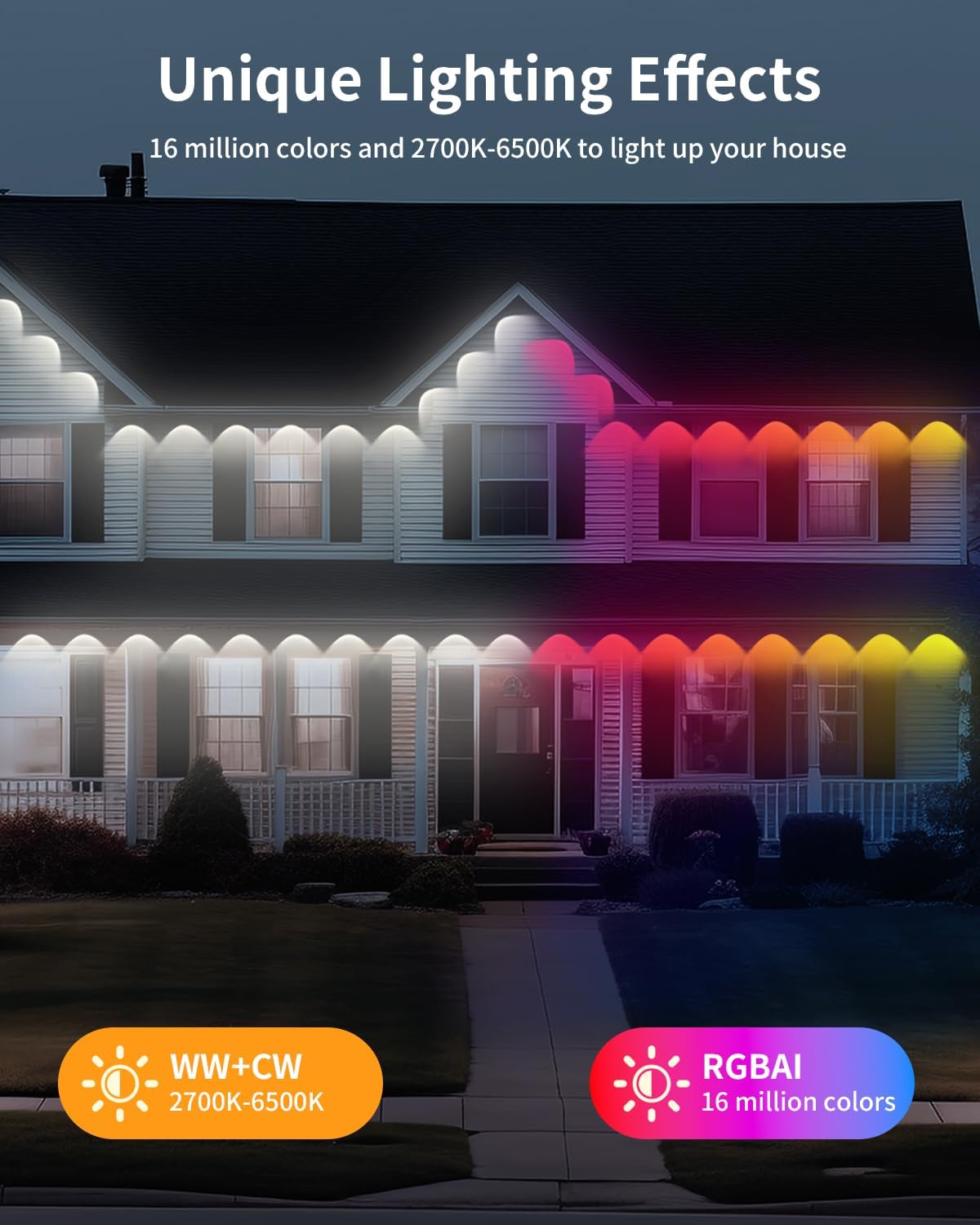 Permanent Outdoor Lights Pro, 150ft with 108 RGBCW 7-in-1 LED Lights, 120° Beam Angle Smart Outdoor Decor with DIY Scene Modes, IP65 Waterproof, Voice Control Light for House Christmas Decorations