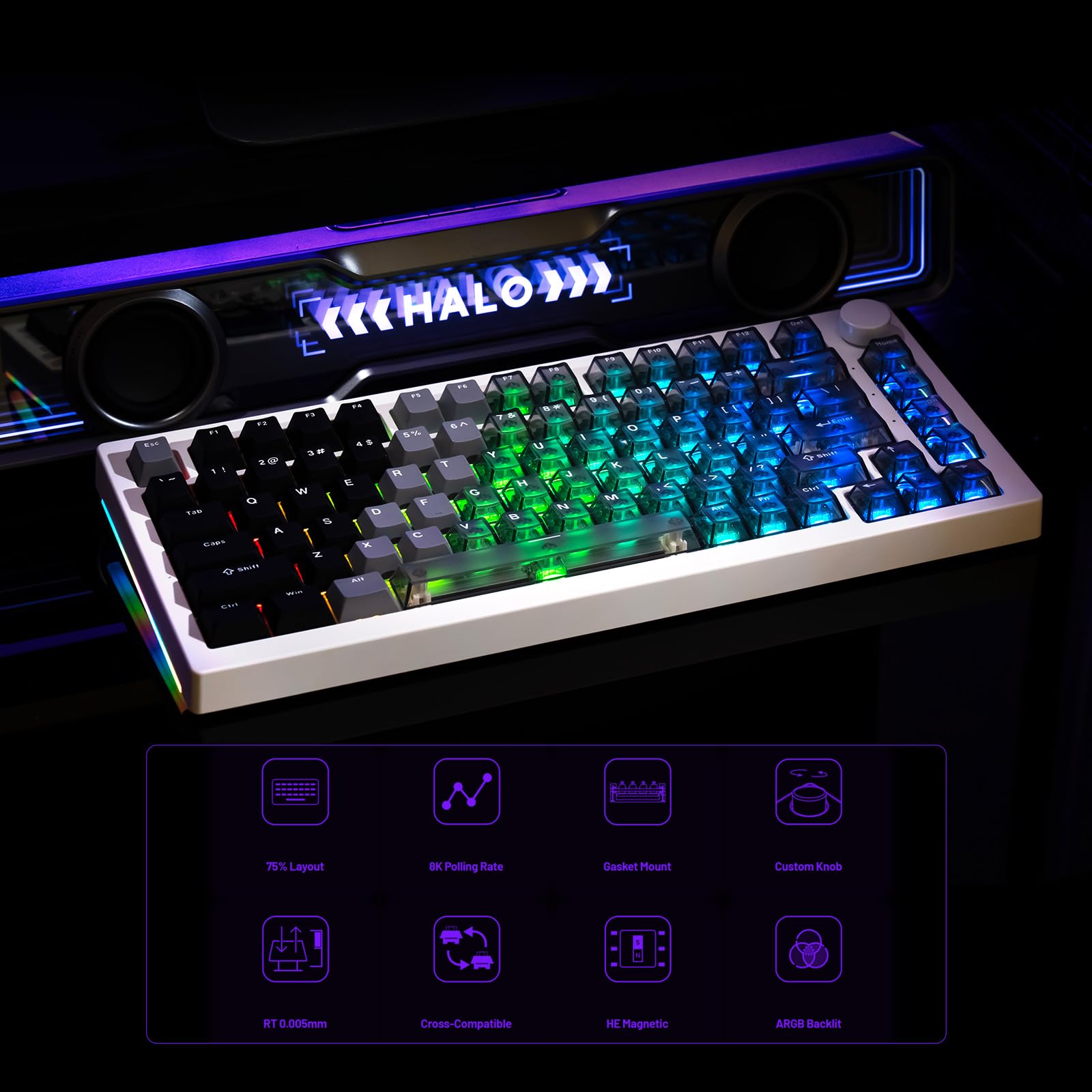 Akko 5075 V3 HE Klawiatura gamingowa przewodowa, przełącznik magnetyczny z efektem Halla, częstotliwość odpytywania 8K, RT0,005 mm, układ 75% US, RGB, do komputerów PC i Mac (biała przezroczysta)