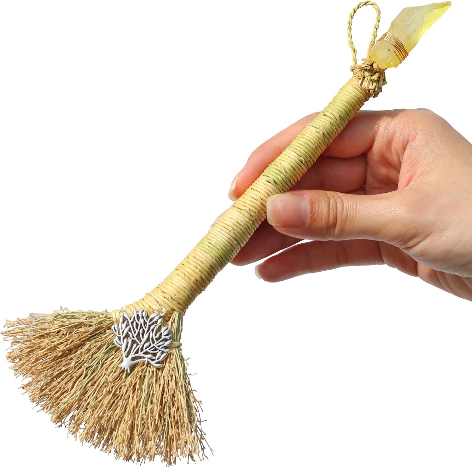 Witch Altar Mini Broom with Crystal and Tree of Life Decor - Wiccan Tools for Healing Energy Cleansing Altar Decoration (Yellow Crystal)