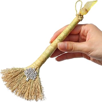Witch Altar Mini Broom with Crystal and Tree of Life Decor - Wiccan Tools for Healing Energy Cleansing Altar Decoration Yellow Crystal