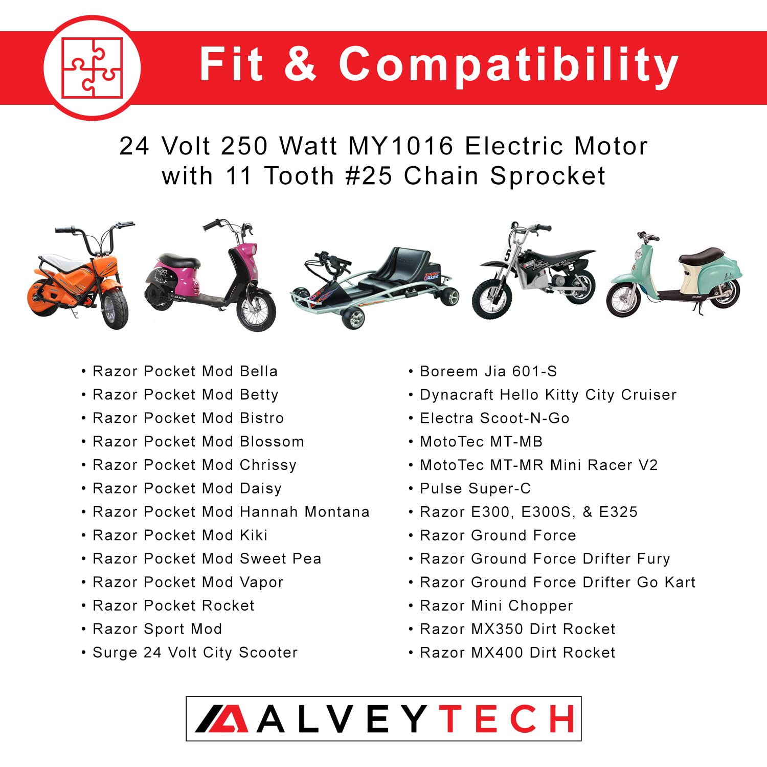 AlveyTech 24 Volt 250 Watt Electric MY1016 DC Motor - 24V 250W 2600-2850 RPM with 11-Tooth #25 Chain Gear Sprocket, Brushed Brush-Type, Battery Power, use on Many Razor Scooter Dirt Mini Bike Go-Kart