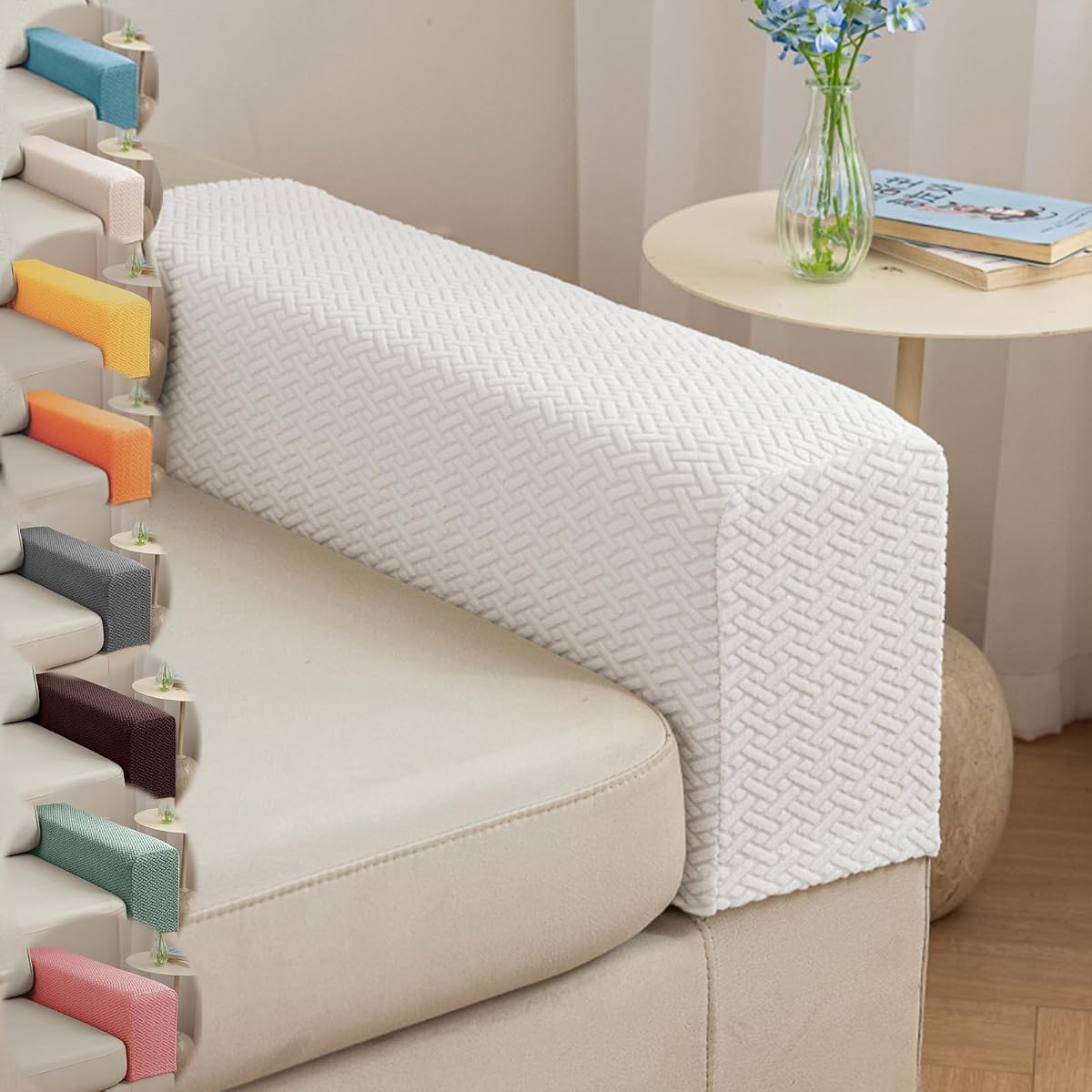 Couch Arm Covers & Arm Chair Covers Set of 2 - Stretch Sofa Armrest Protectors with Non-Slip Grip, Machine Washable Polyester Fabric for Recliner/Loveseat/Sectional (Ivory White,Medium-Set of 2)