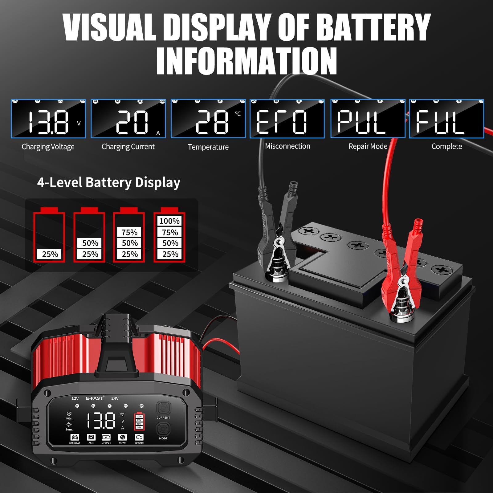 E-FAST Caricabatterie 25 A, caricabatterie all-in-one da 12 V/24 V, caricabatterie per LiFePO4, piombo acido, AGM, batterie al litio, marine, barche e a ciclo profondo, corrente regolabile a 5 livelli
