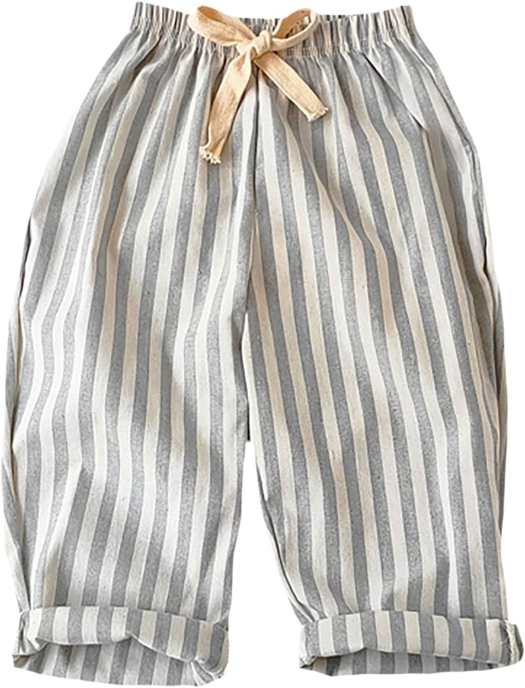 Toddler Baby Boys Girls Striped Linen Harem Pants Soft Comfortable Cotton Gauze Pull On Pants Muslin Wide Leg Long Bloomers