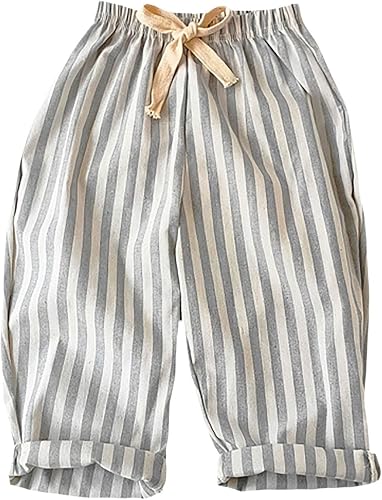 Children Linen Striped Pants Loose Striped Pants for Girls in Spring and Summer 