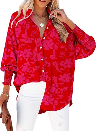 LEMAFER Womens Button Down Blouse Striped Smocked Cuffed Boyfriend Shirt