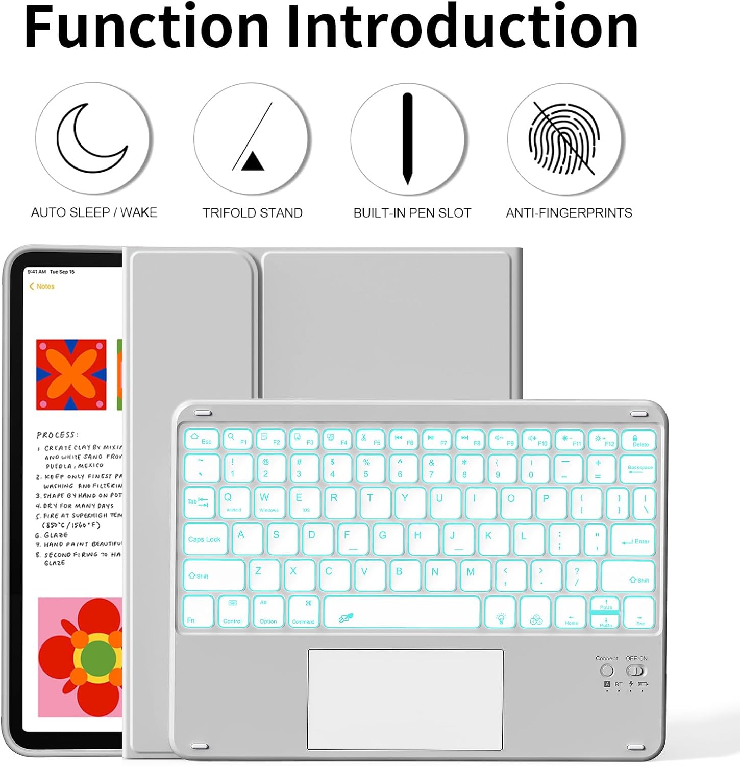 kenke for iPad 11/10th Gen Case with Keyboard 11/10.9 inch 2025 A16/2022, Detachable Wireless Bluetooth with Right Side Pencil Holder, Multi-Touch Trackpad Backlit Square Gray Keycaps (Gray