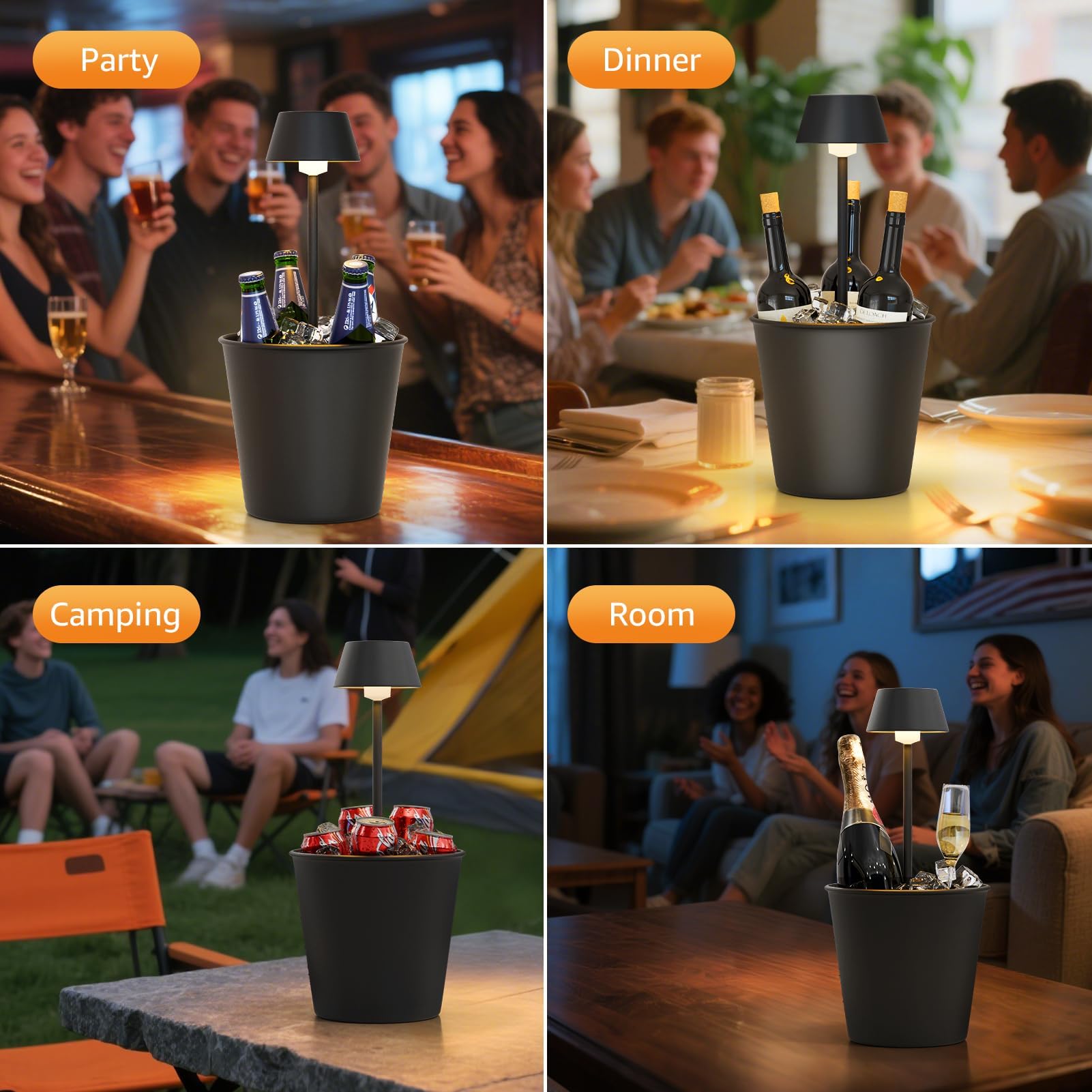 FUYO Cubo de hielo LED con luz cálida – Lámpara de mesa 2 en 1 y enfriador, a prueba de salpicaduras, para champán, vino, bebidas en fiestas, hogar, bar (3 L)