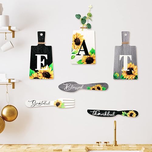 Miniatura 6 de Bucherry Juego de 6 placas de madera para colgar en la pared, diseño de girasol, letreros de comer, tenedor y cuchara, decoración de cocina y