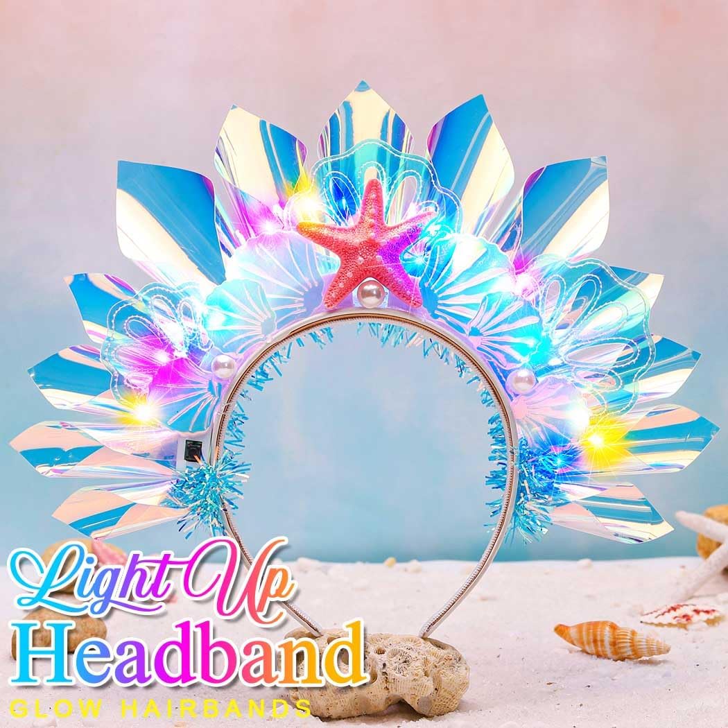 BARTOSI Light Up Mermaid Crown Headband Glow Starfish Headpiece Beach LED Hair Accessories for Women - Image 2