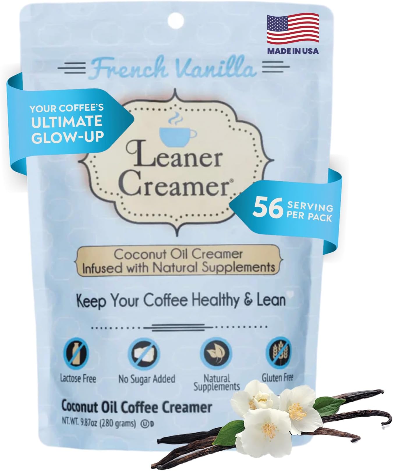 Leaner Creamer Coconut Creamer with Superfood Ingredients – Non-Dairy, Sugar-Free, Keto, Gluten-Free Powdered Coffee Creamer – French Vanilla – 280g
