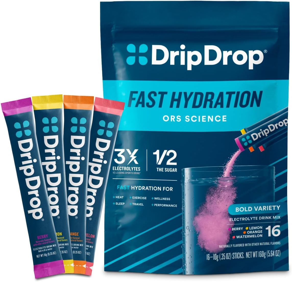DripDrop Hydration - Bold Variety Pack - Electrolyte Drink Mix Single Serve Hydration Powder Packets - Watermelon, Berry, Lemon, Orange | Non-GMO, Gluten Free, Vegan | 16 Sticks