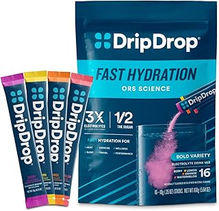 DripDrop Hydration Packets - Bold Variety Pack - Single Serve Electrolytes Powder Drink Mix - Watermelon, Berry, Lemon, Orange - Non-GMO, Gluten Free, Vegan - 16 Sticks
