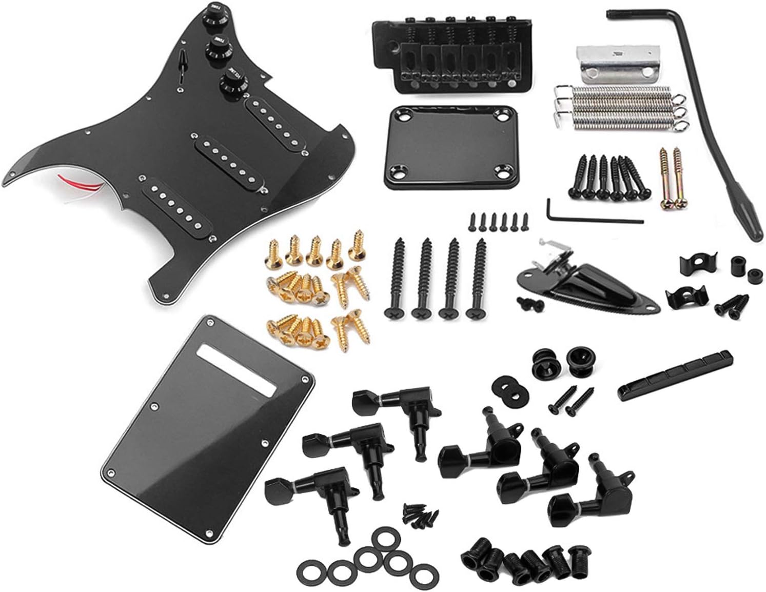 ST Style Electric Guitar Full Set DIY Accessory Kit Including Prewired Pickguard Bridge SSS Pickups and Other Accessories Black