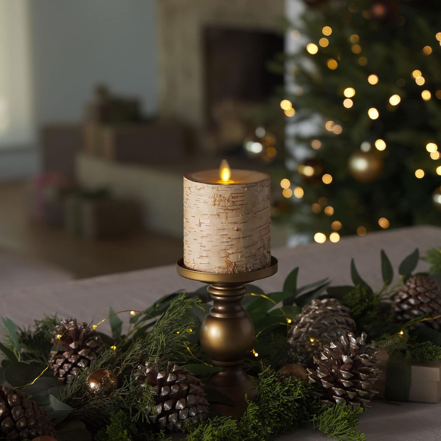 Luminara Real Birch Bark Wrapped Flameless LED Candle, 3.5" x 4.5", Battery Operated Moving Flame Pillar Light with Timer - Natural Decor Unscented - Image 2