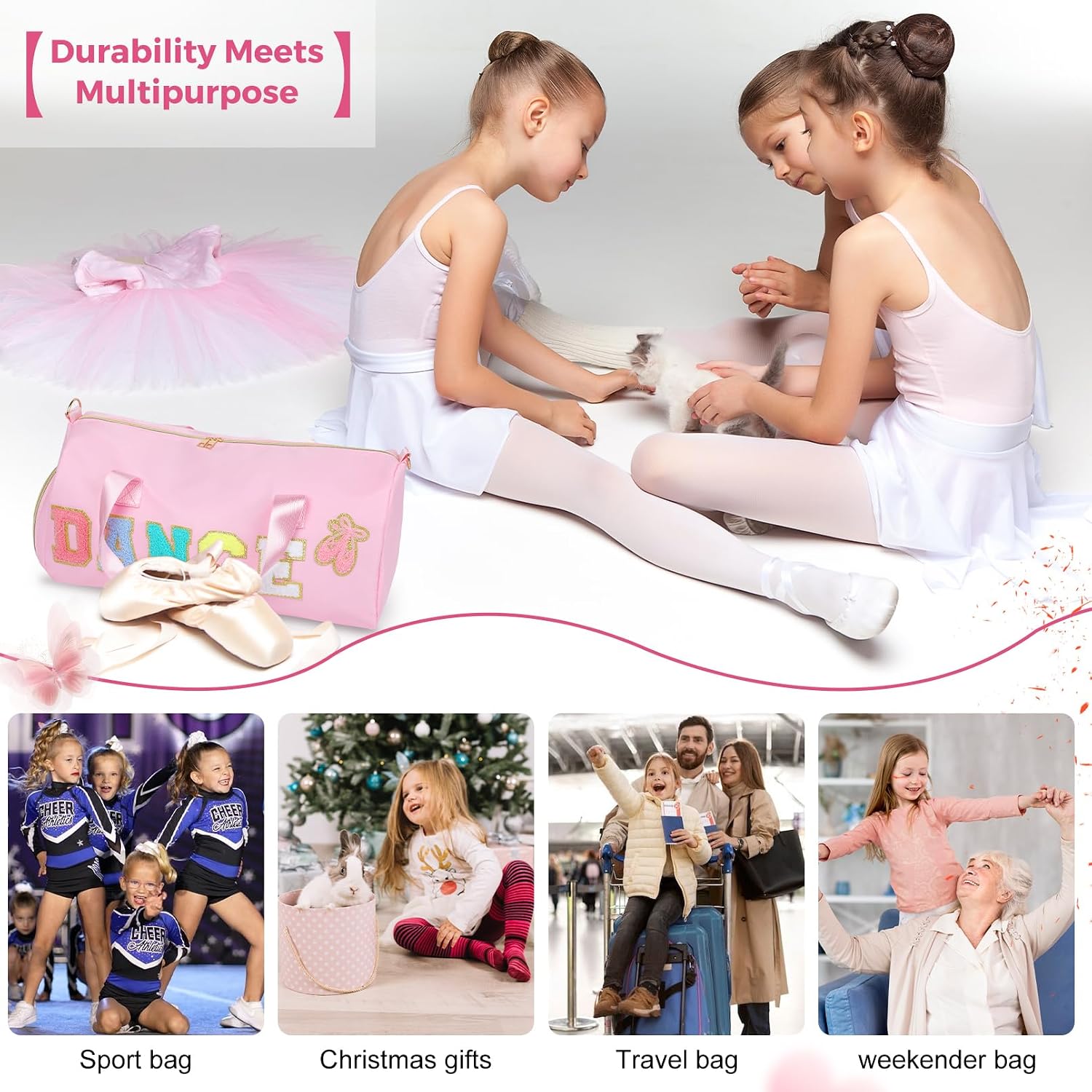 Dance Bag for Girls, KUIRAN Travel Duffel Bag with Shoe Compartment Lightweight Gym Sport Ballet Weekender Bag - Pink