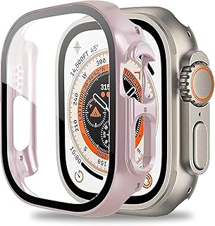 حافظة واقية متوافقة مع ساعة آبل الترا مقاس 49 ملم من الزجاج المقوى المعز فائقة النحافة البولي كربونات الصلبة ومضادة للصدمات جميع الجوانب لساعة - ذهبي وردي لساعات ذكية