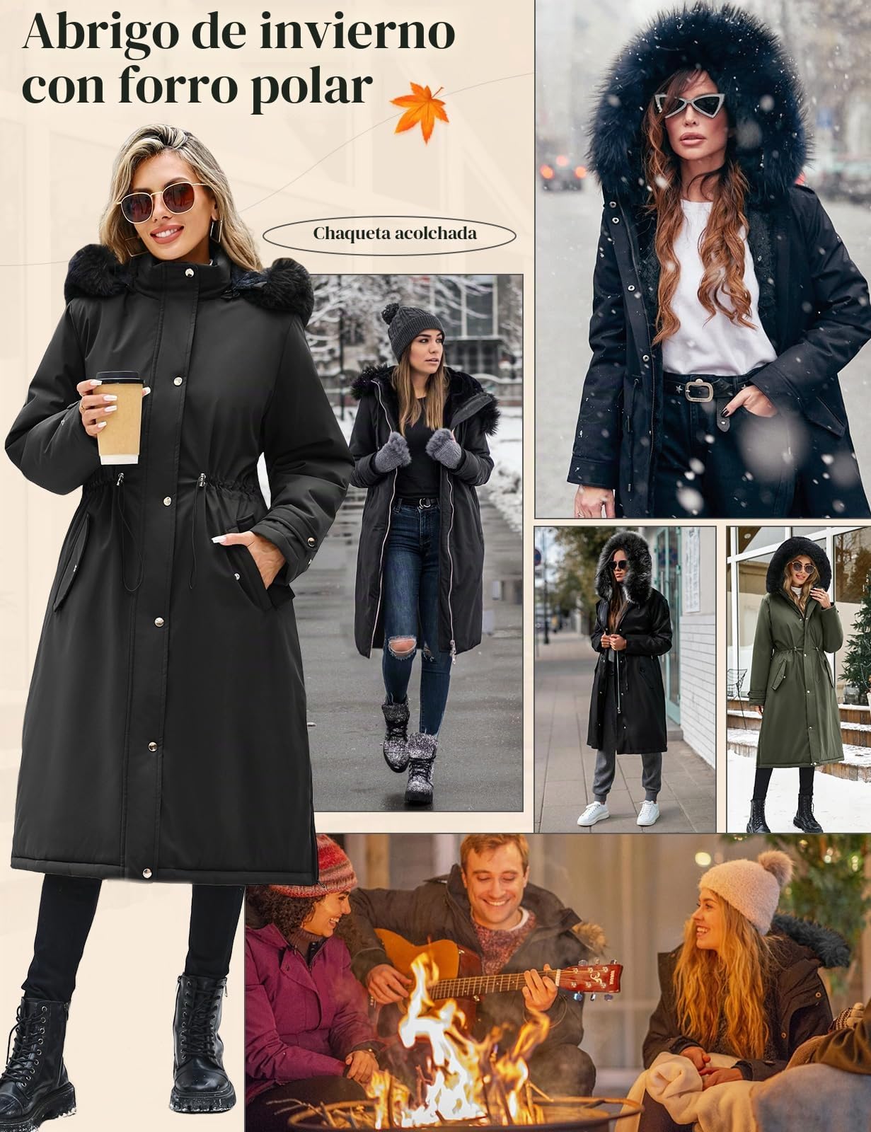 Yuson Girl Abrigos Mujer Invierno Largo Gruesa Cálido Abrigo Forro Polar Térmico Viento Chaqueta con Capucha Otoño Invierno Elegante Cazadora Casuales Parka con Cremallera y Cordón