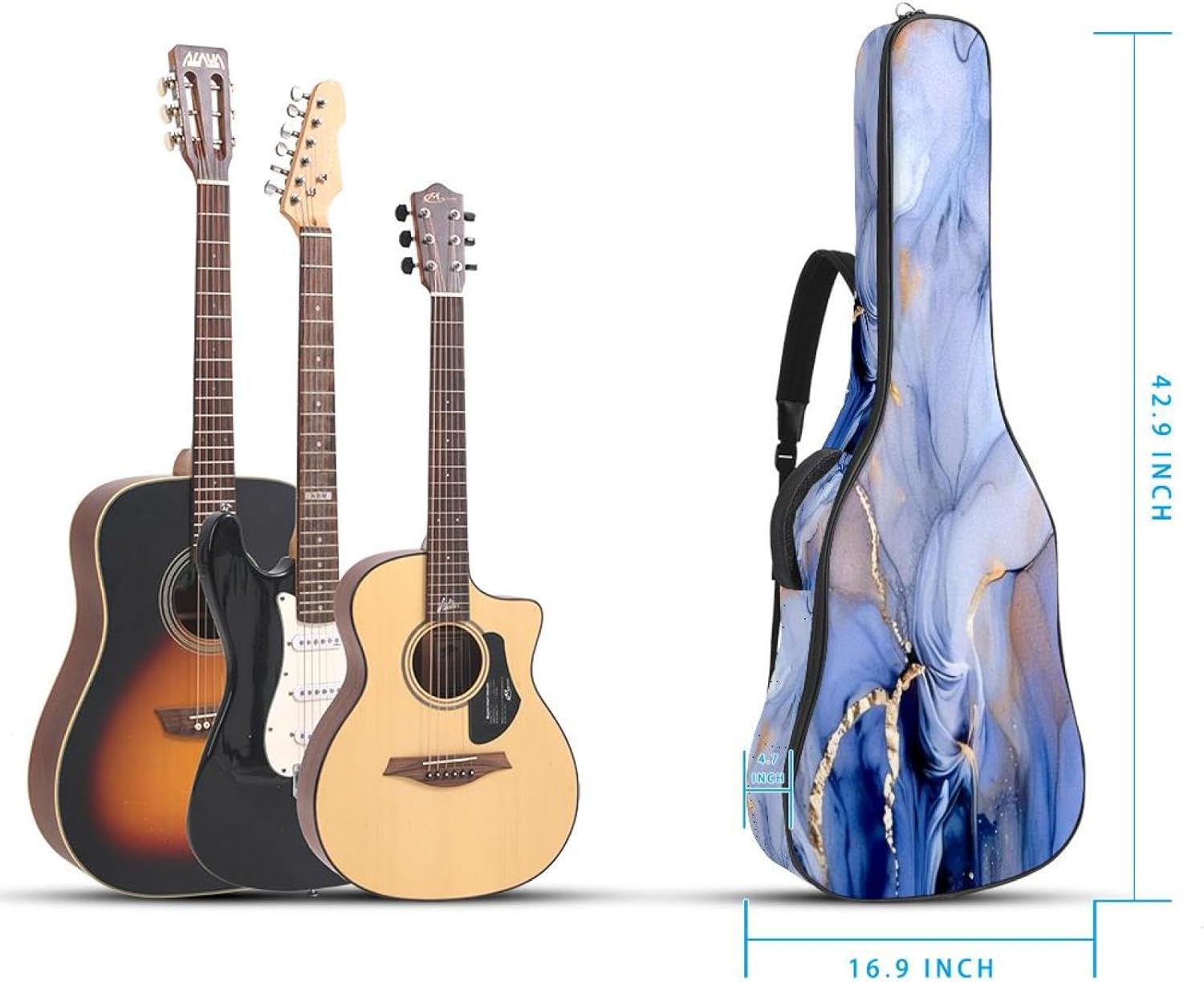 40/41/42-inch Art Marble Acoustic Guitar Bag With Adjustable Shoulder Strap And 2 Storage Bags. Guitar Bag With Back Hanging Loop, Electric, and Classical Guitars