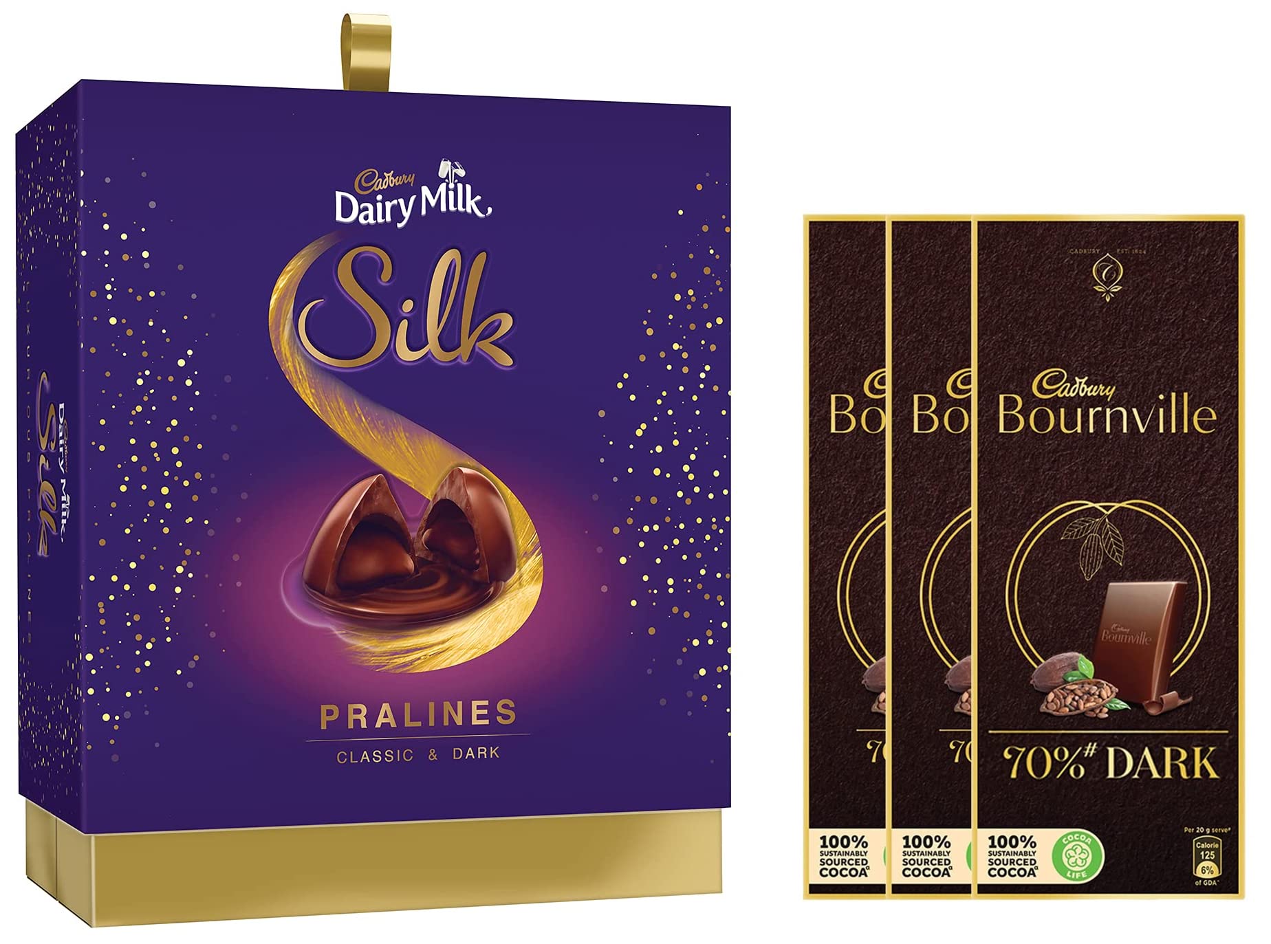 Cadbury Dairy Milk Silk Pralines Chocolate Gift Box, 176G & Bournville Rich Cocoa 70% Dark Chocolate Bar, 3 X 80 Grams