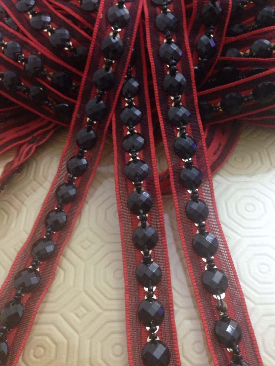 18mm Black rhinestone Bead with Red ribbon lace trim multi craft 1Yard