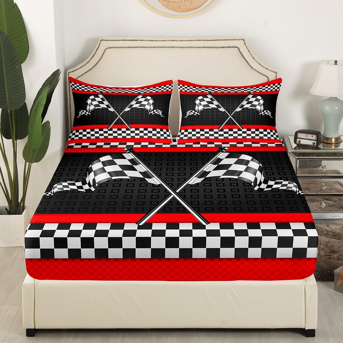 Castle Fairy Race Car Themed Bed Sheet Set King Size,Black White Checkered Flag Print Deep Pocket Fitted Sheet,1 Flat,2 Pillowcases,Red Stripes Geometric Grid Plaid Bed Mattress Cover, Bedroom Decor