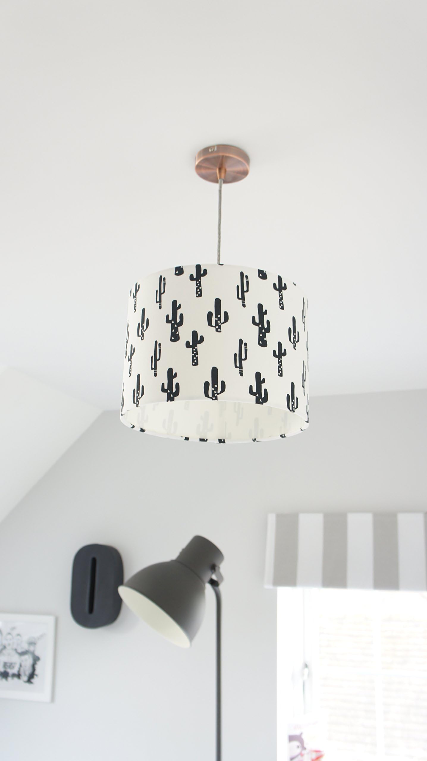 Lampshade in Black and white cactus print fabric, handmade drum lampshade