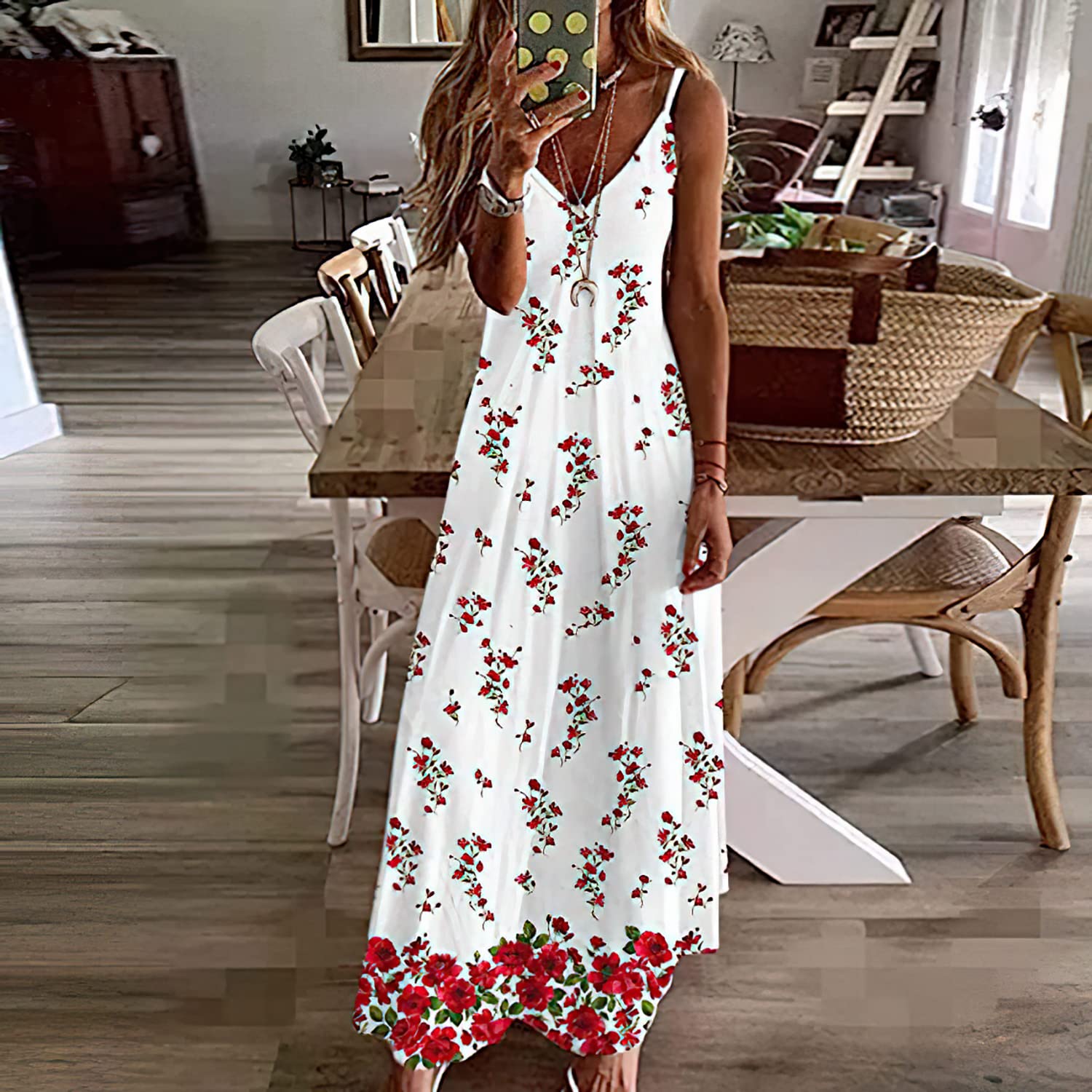 Tirantes de Pasta para Mujeres Flores Vestidos Largos de Verano Vestidos de Vacaciones Sexy de Cuello V Vestidos de Moda de Playa Tirantes Vestidos de Sol, WFFUO, F, l