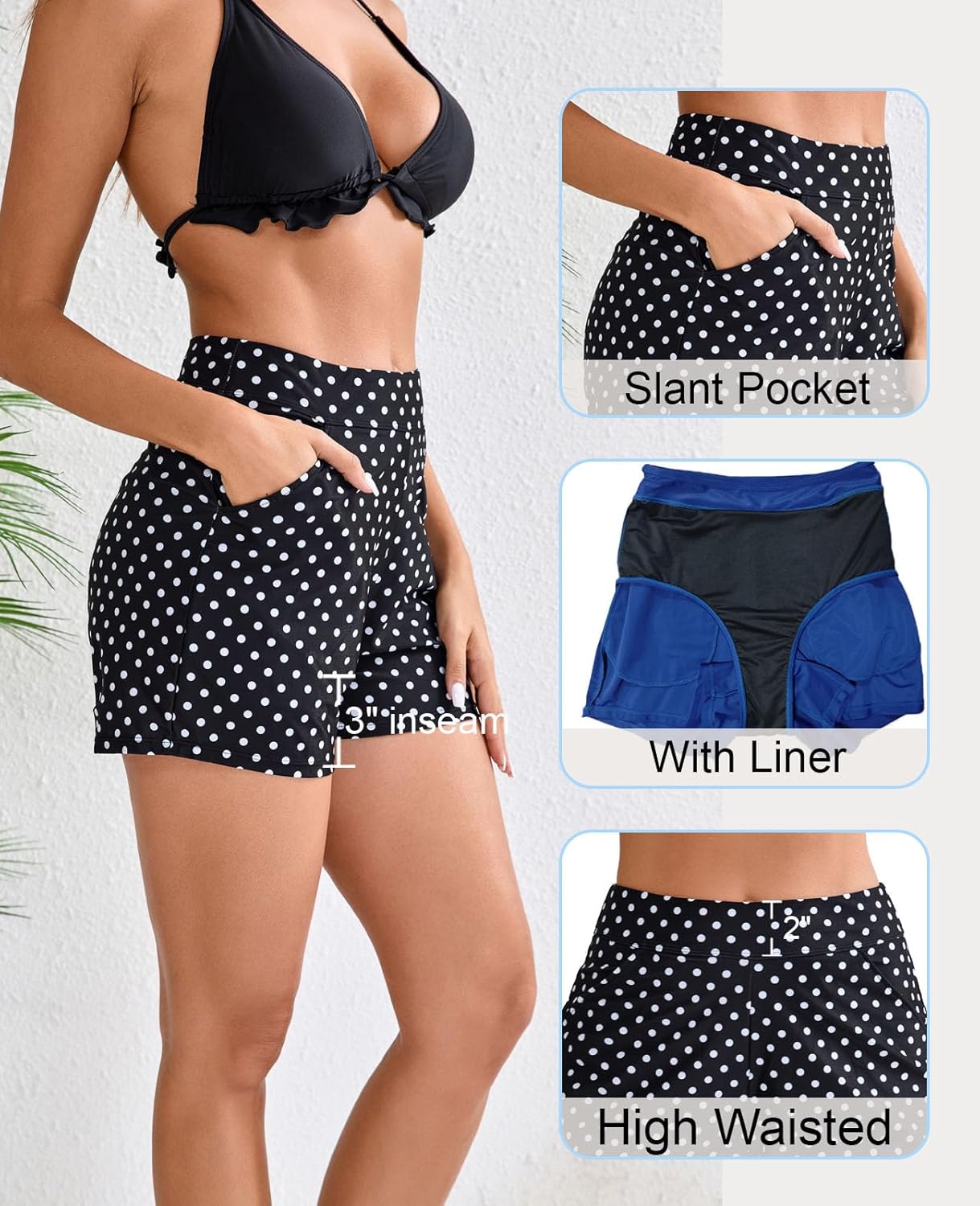 Halcurt Women's 3" High Waisted Swim Board Short with Liner (Available in Plus) Pokcet Boyshorts Swimsuit Bottoms