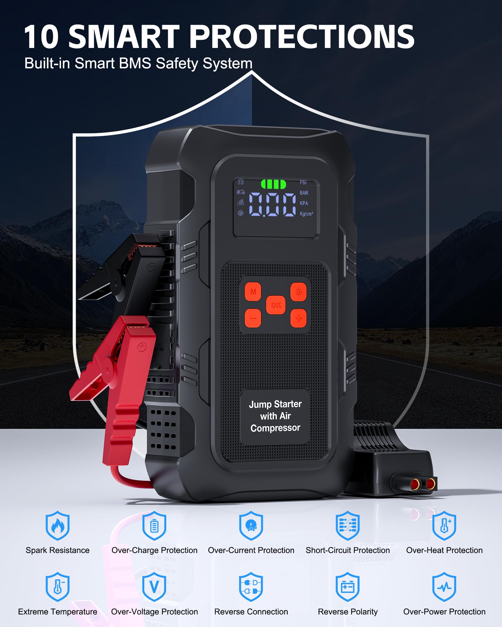 Povasee Starthilfe Powerbank für Pkw mit Kompressor 150 PSI, 6000A Starter Powerbank mit Elektrische Luftpumpe, 12V Auto Starthilfe (10L Benzin/8L Diesel), Jump Starter mit Taschenlampe (Orange)