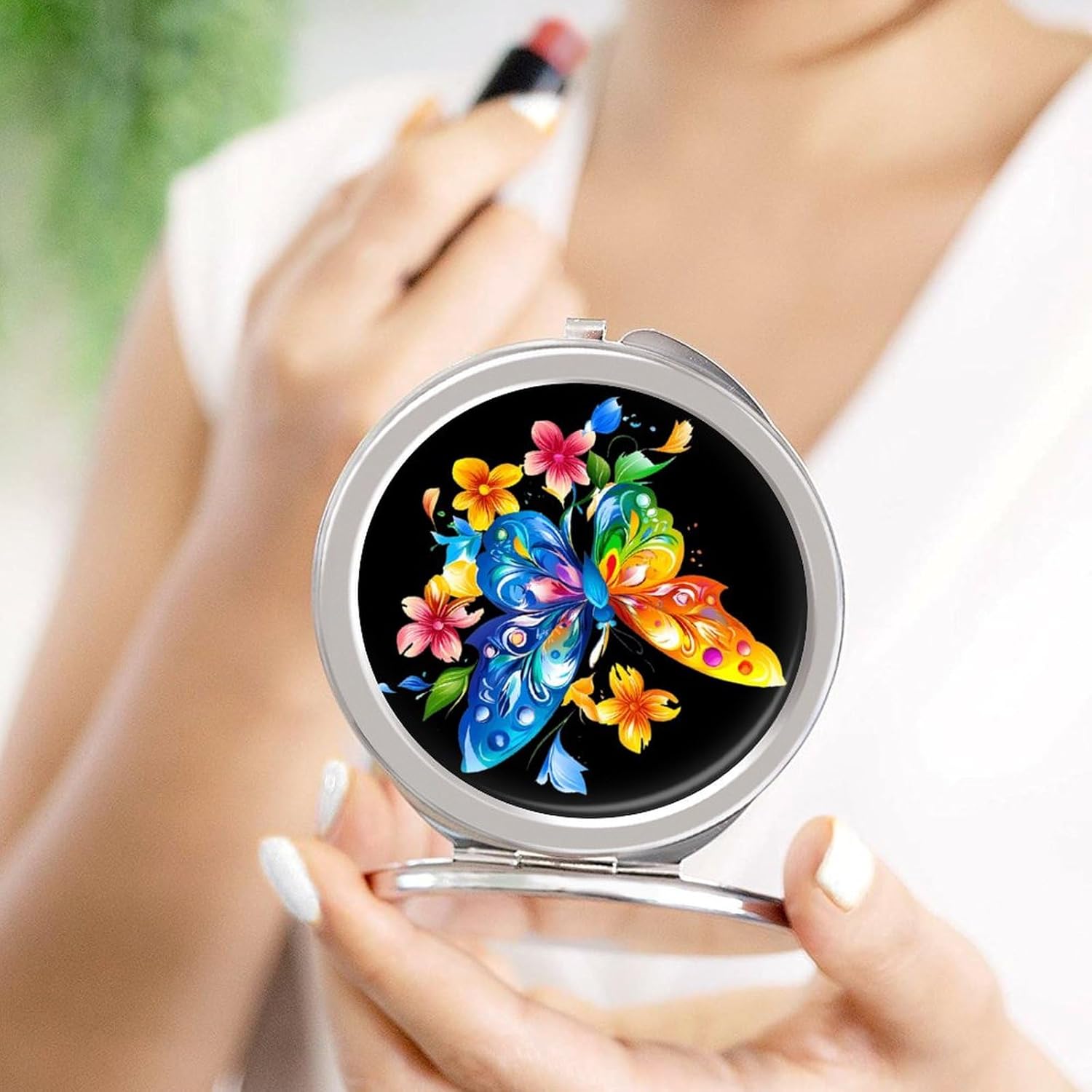 Butterfly Flowers Compact Makeup Mirror Mini Foldable Cosmetic Mirror Portable Travel Mirror for Purse Pocket