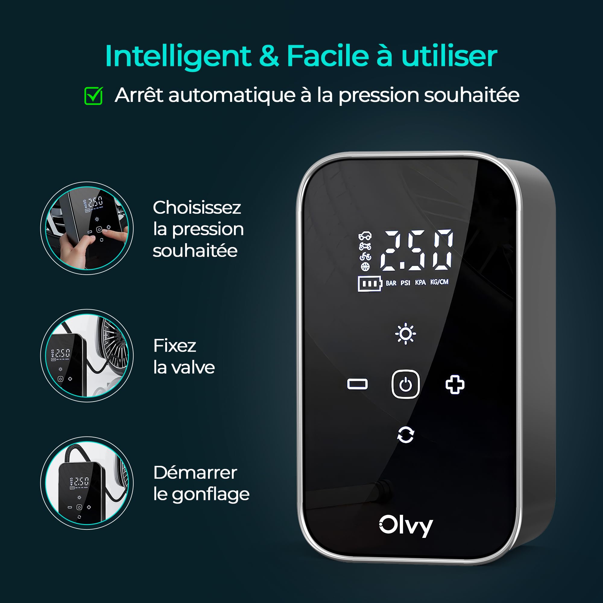 Olvy Compresseur d'air portable - Gonfleur de pneus sans fil 12V - Batterie rechargeable 6000 mAh - Écran numérique - Arrêt automatique - Lampe LED - Pour voiture, vélo, moto, ballon et matelas gonfla
