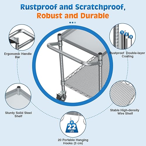 Miniatura 6 de Leteuke Carrito de herramientas de 2 niveles con ruedas, capacidad de 900 libras, carrito utilitario rodante resistente con asa, carrito de