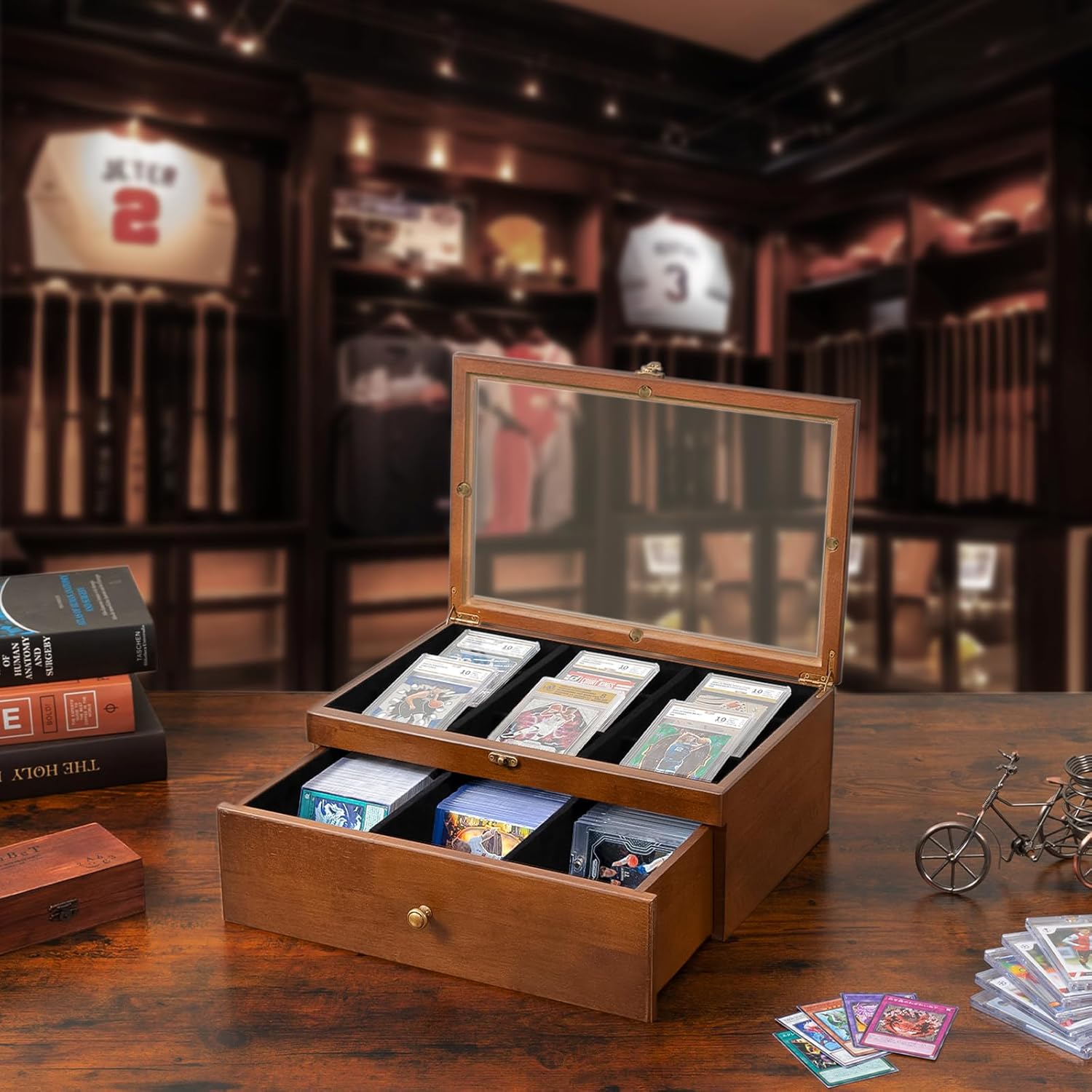 Emfogo Trading Card Storage Box, 70+ Graded Card Storage Box with Custom Drawer, Wood Storage Display Case with Large Clear Window, Sports Trading Card Box with Dividers for TCG/Mtg Collection