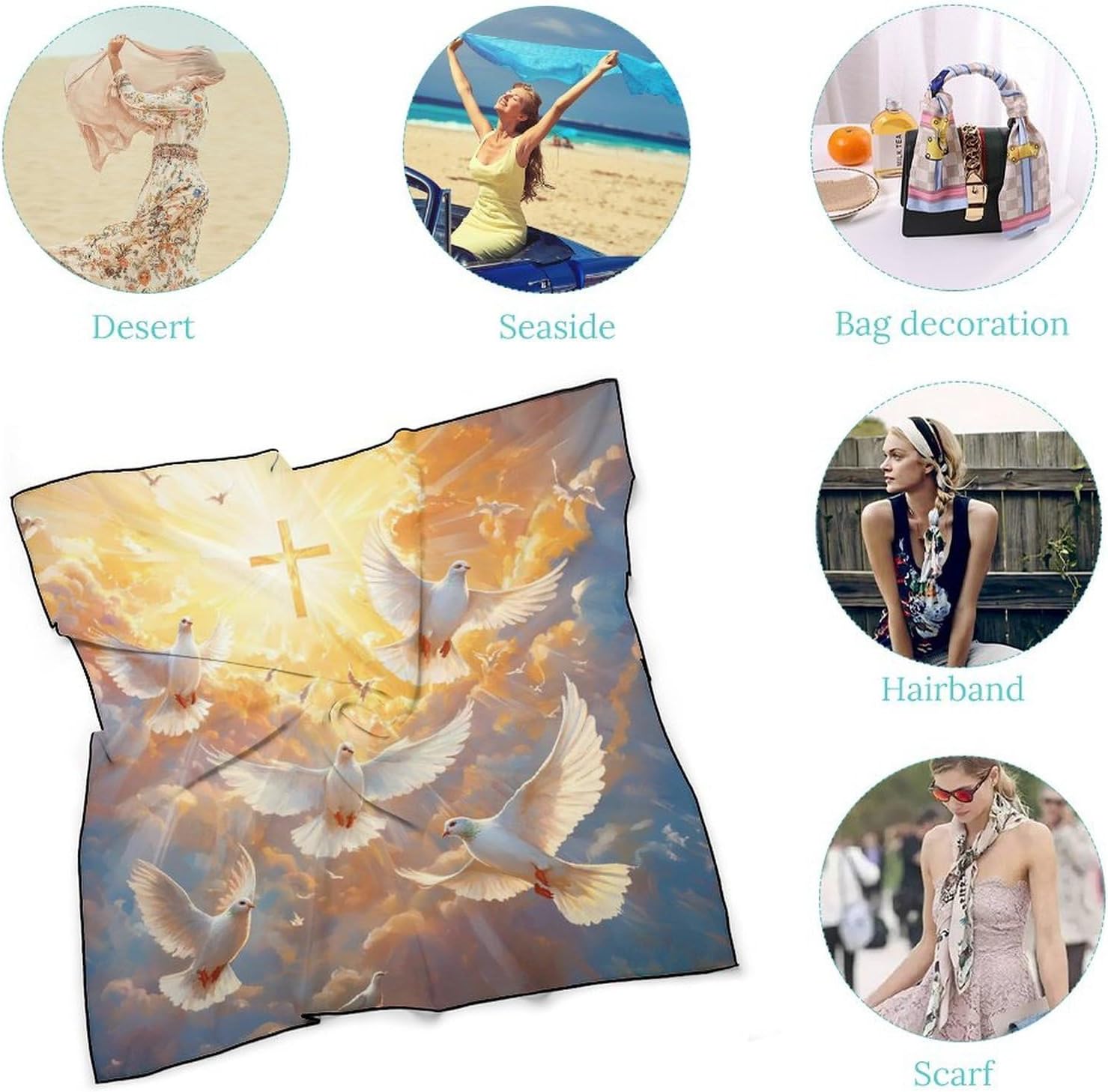 Cloudy Blue Sky White Dove Silk-Like Square Scarf for Women Vintage Printed Neck Scarf Bandanas Hair Scarves