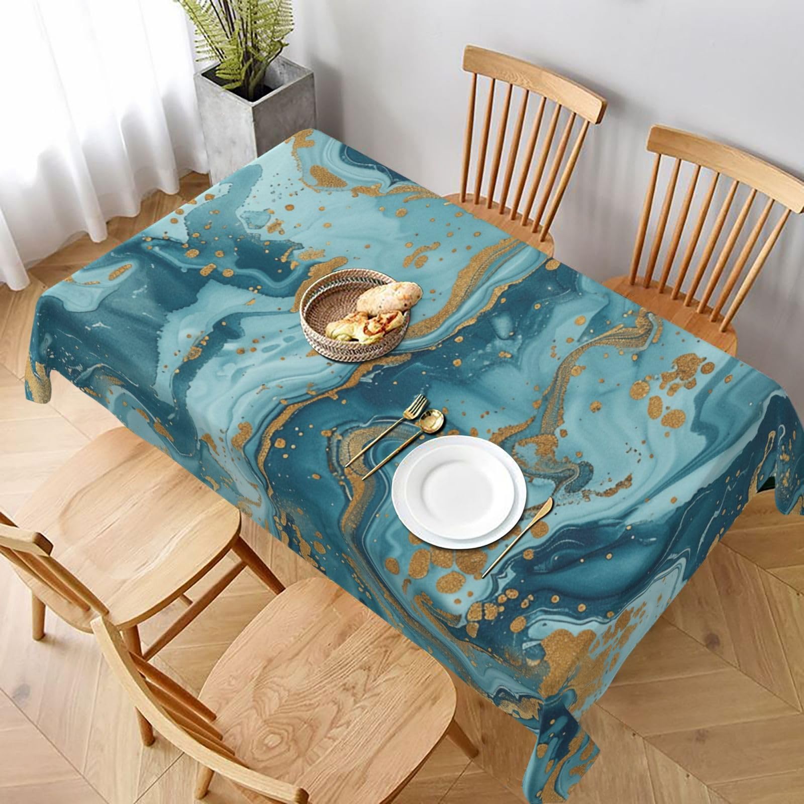 WPKJU Azurite Teal and Foil Gold Oil Marble Pattern Printed Tablecloth 60x90 in Water Resistant Table Cover Washable Rectangle Table Cloth for Dining Tables