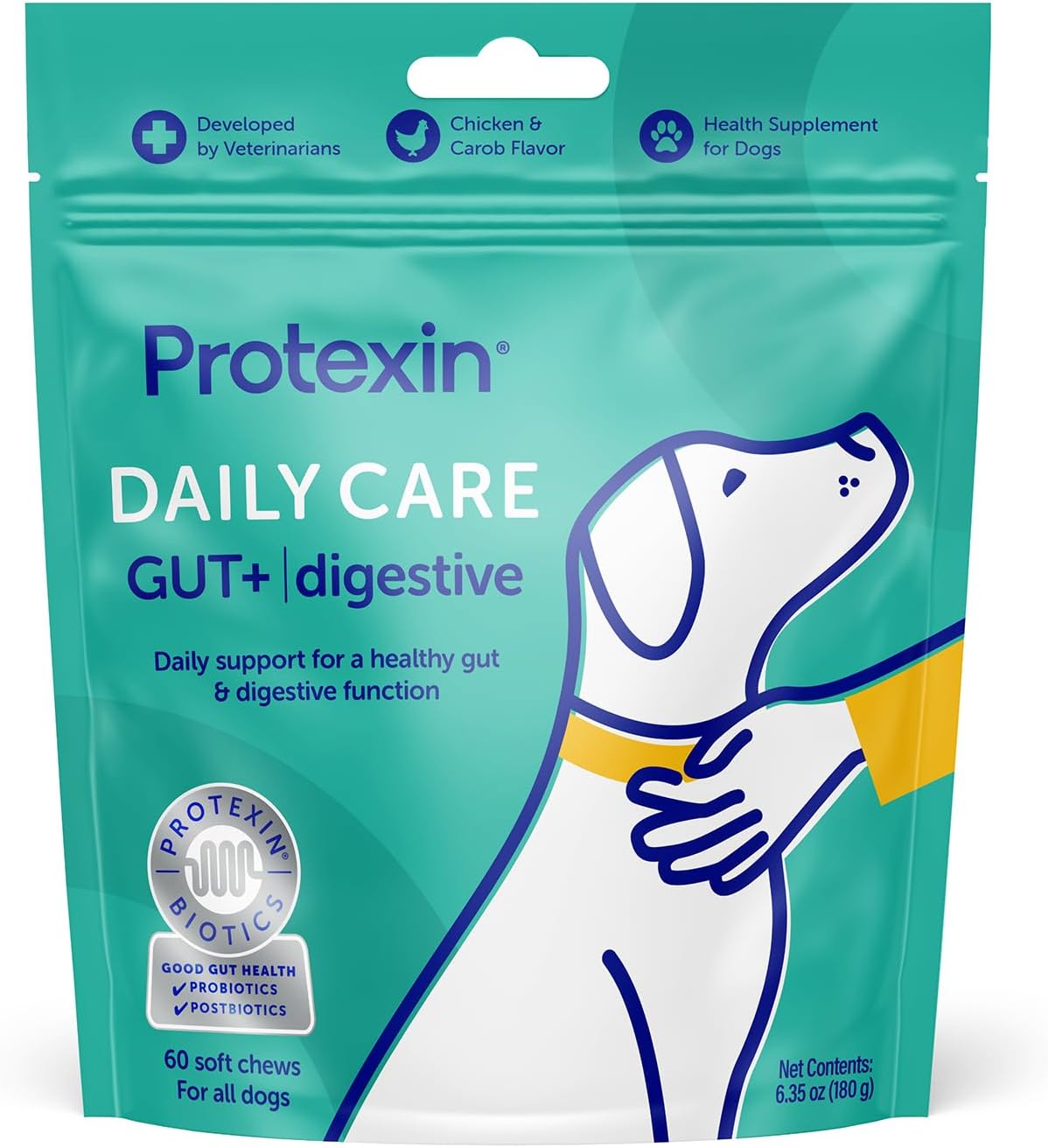 Daily Care Gut+ Digestive | 60 Dog Chews, Chicken and Carob Flavor Dog Supplement | Probiotics for Dogs, Dog Postbiotics