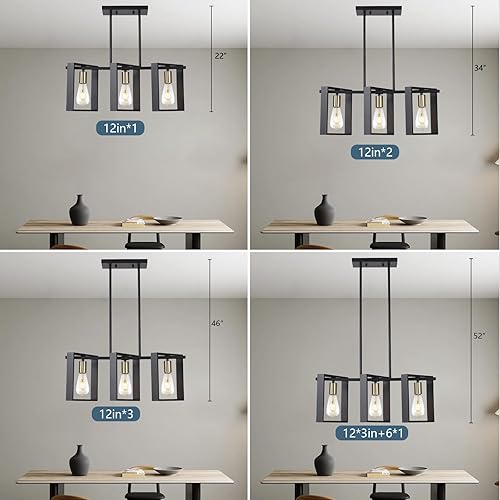 Miniatura 6 de 9MMML Iluminación de isla de cocina de 3 luces, moderna lámpara colgante lineal rectangular, marco negro + candelabro dorado para comedor y sala de