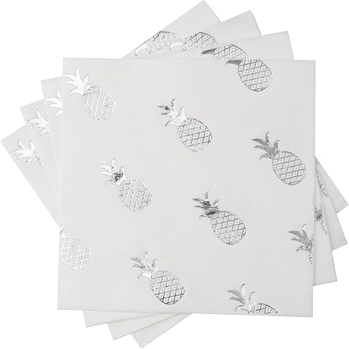 Miniatura 9 de Paquete de 80 servilletas de cóctel de papel blanco con patrón de piña de lámina dorada, suministros de fiesta (5 x 5 pulgadas, 3 capas)