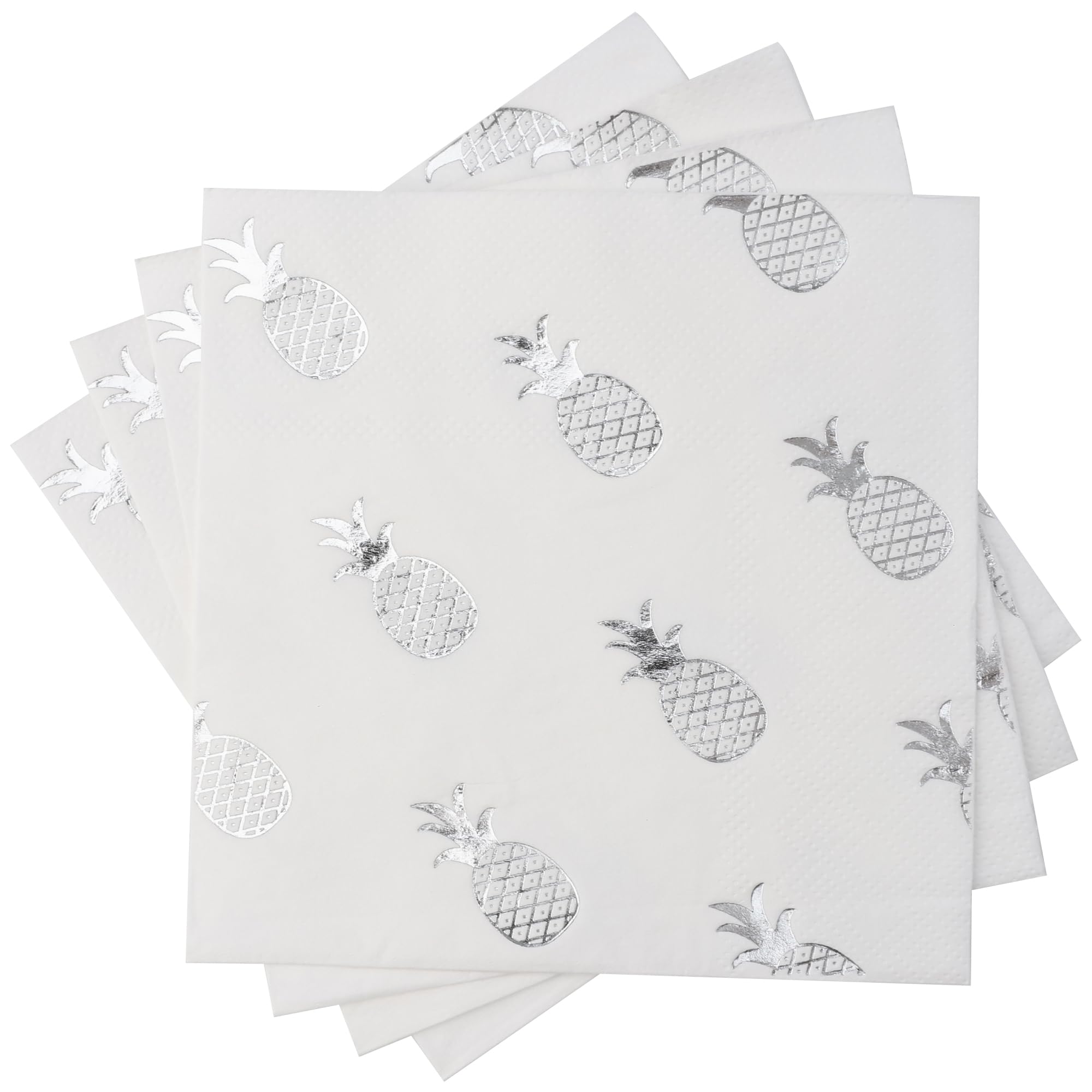 80 Pack of White Paper Cocktail Napkins with Silver Foil Pineapple Pattern,Party Supplies(5 x 5 in，3-ply) (Silver Pineapple)