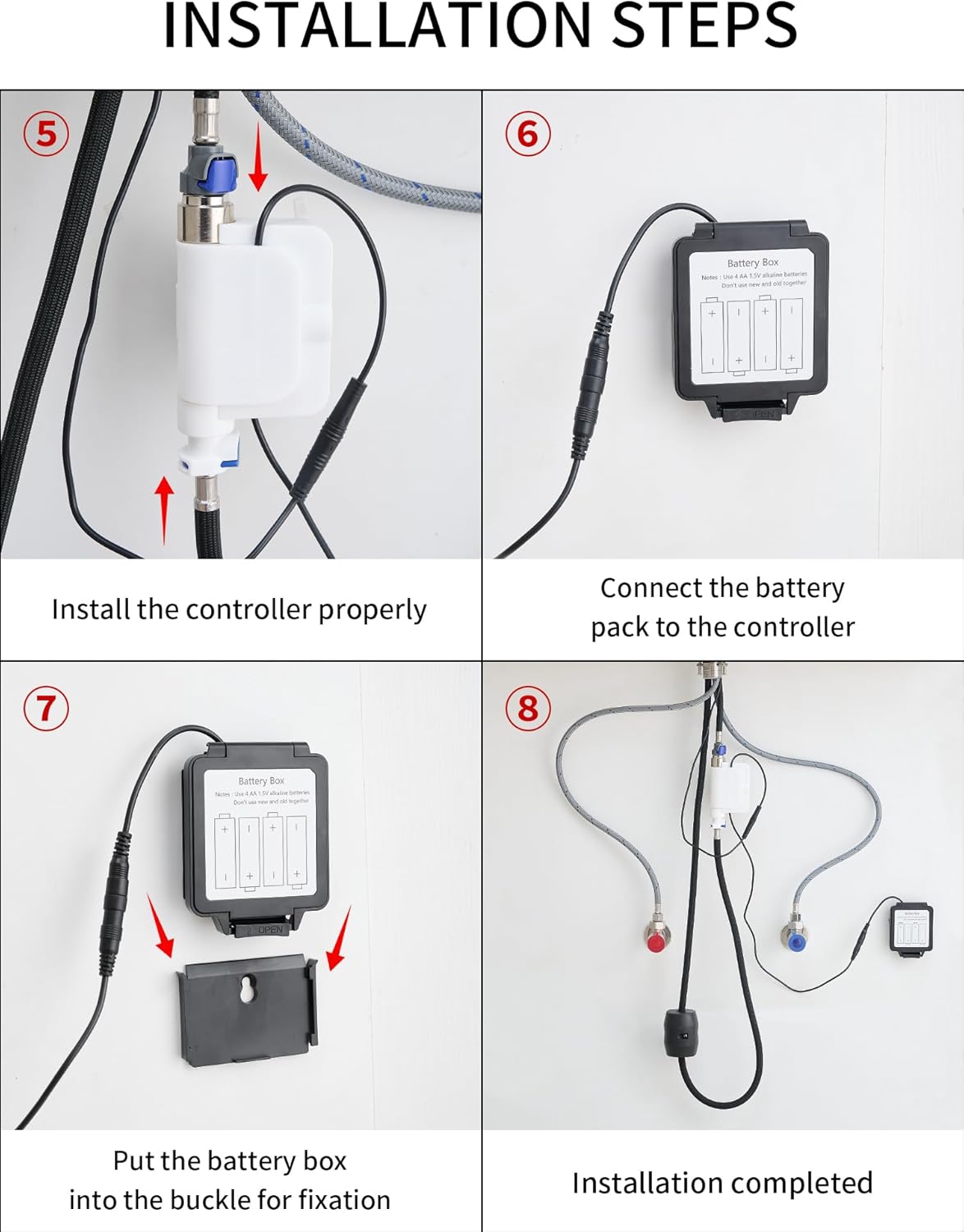Installation steps 5 through 8 for the kitchen faucet